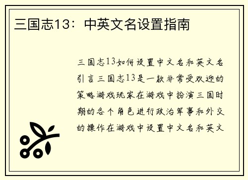 三国志13：中英文名设置指南